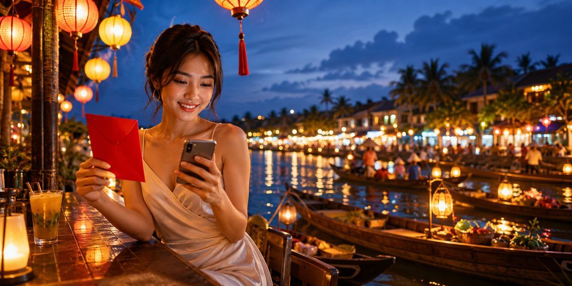 Người dùng tại Phan Thiết tham gia chương trình thưởng lộc đỏ trực tuyến tại chợ đêm